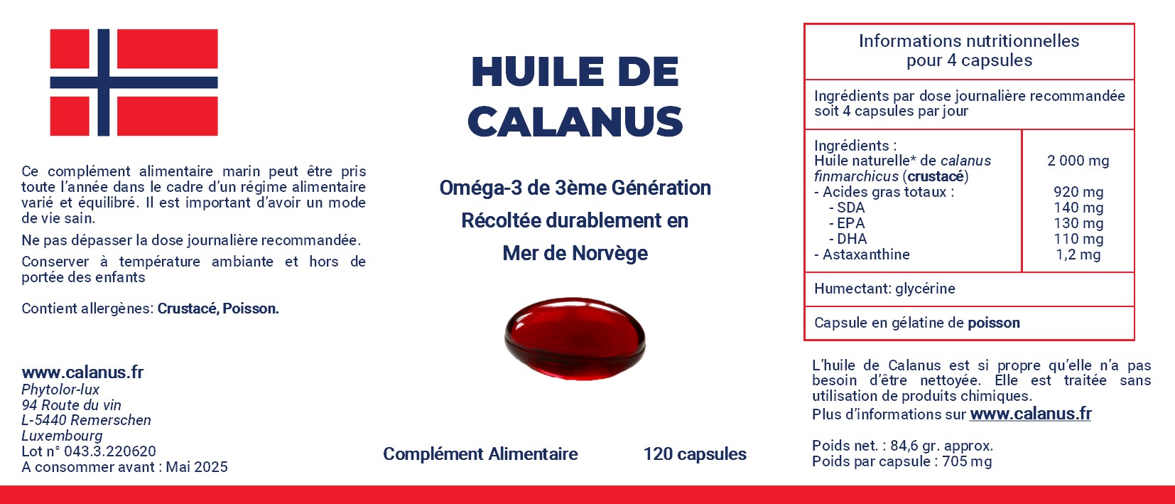 huile de Calanus étiquette boite